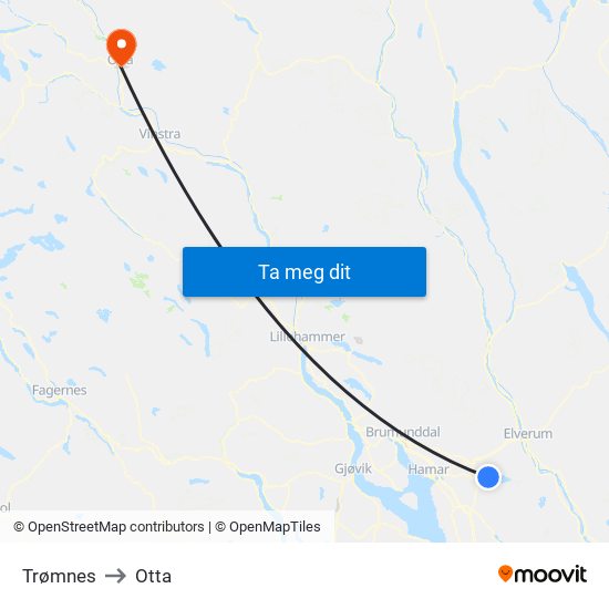 Trømnes to Otta map