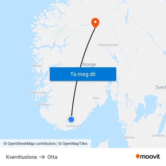 Kvernhuslona to Otta map