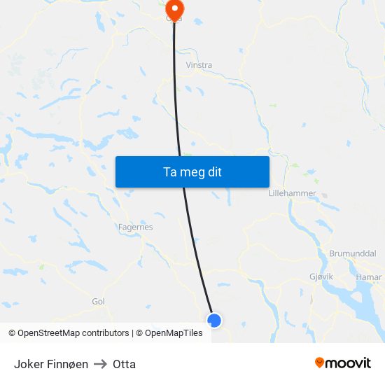 Joker Finnøen to Otta map