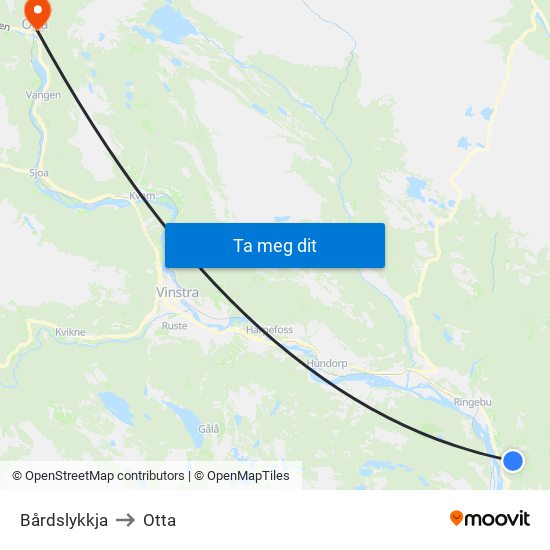 Bårdslykkja to Otta map