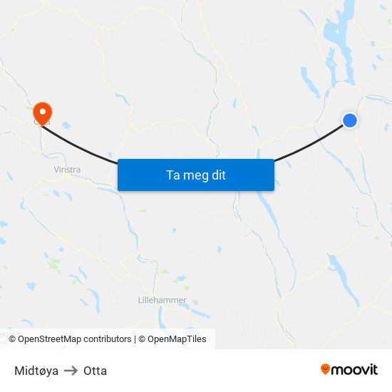 Midtøya to Otta map