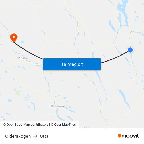 Olderskogen to Otta map