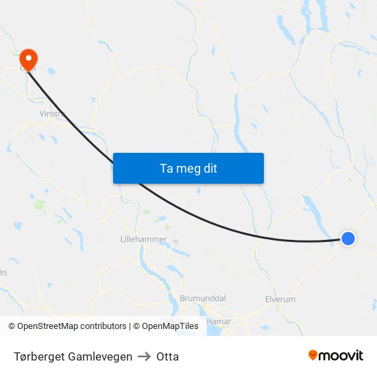 Tørberget Gamlevegen to Otta map