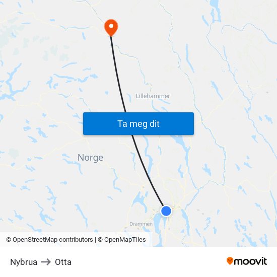 Nybrua to Otta map