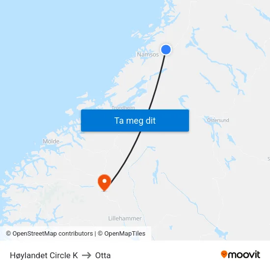 Høylandet Circle K to Otta map