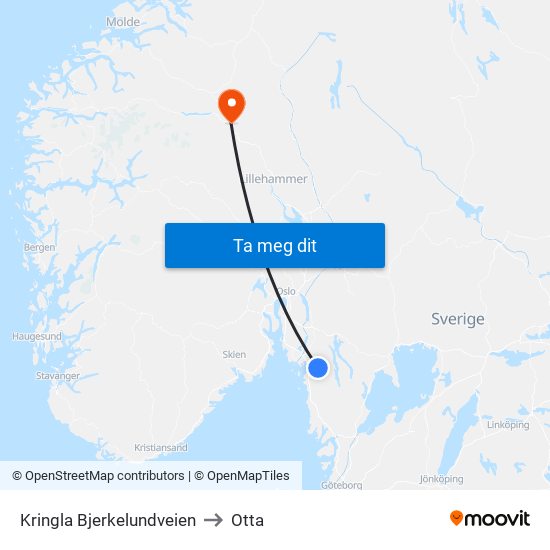 Kringla Bjerkelundveien to Otta map