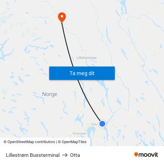 Lillestrøm Bussterminal to Otta map