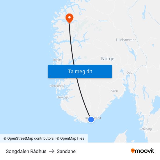 Songdalen Rådhus to Sandane map