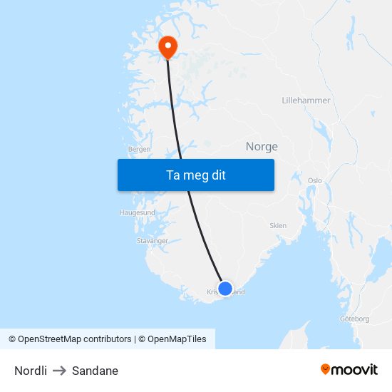 Nordli to Sandane map