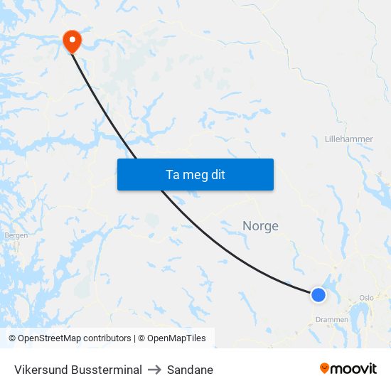 Vikersund Bussterminal to Sandane map