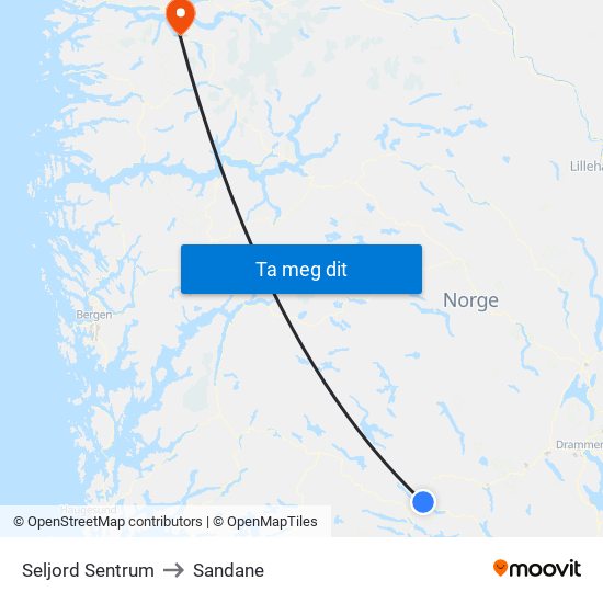 Seljord Sentrum to Sandane map