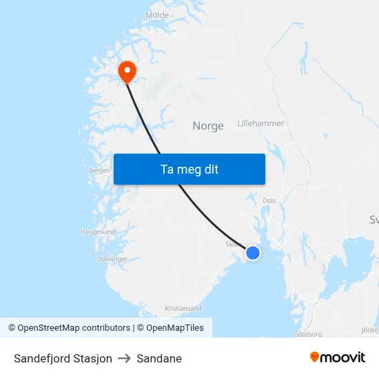 Sandefjord Stasjon to Sandane map