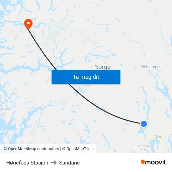Hønefoss Stasjon to Sandane map