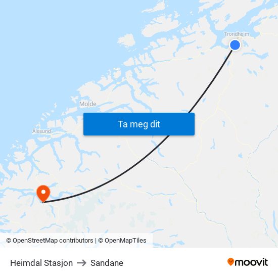 Heimdal Stasjon to Sandane map