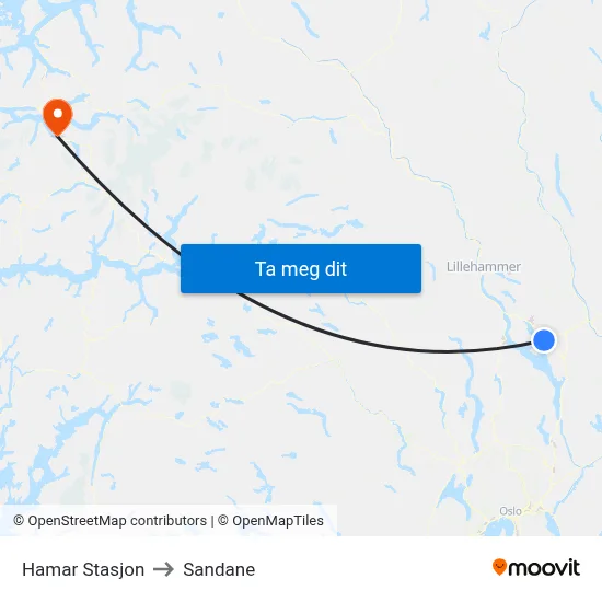 Hamar Stasjon to Sandane map
