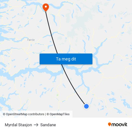 Myrdal Stasjon to Sandane map