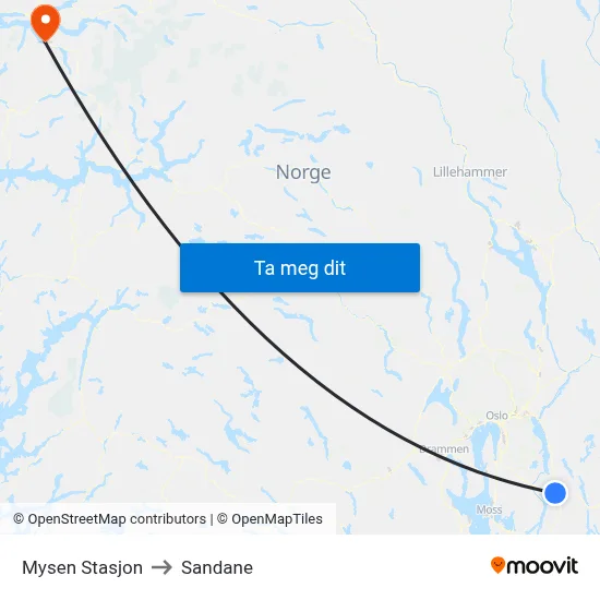 Mysen Stasjon to Sandane map