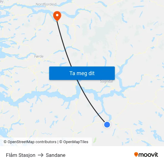 Flåm Stasjon to Sandane map