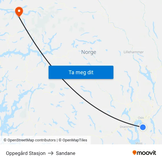 Oppegård Stasjon to Sandane map