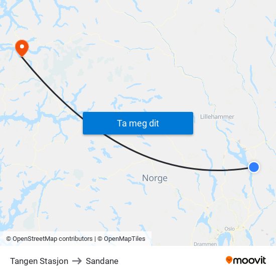 Tangen Stasjon to Sandane map