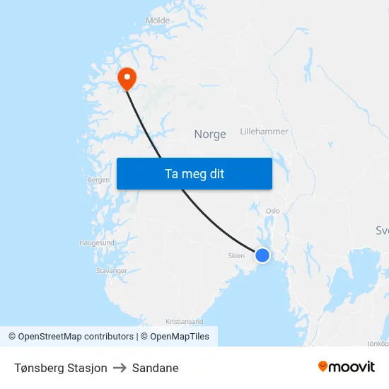 Tønsberg Stasjon to Sandane map