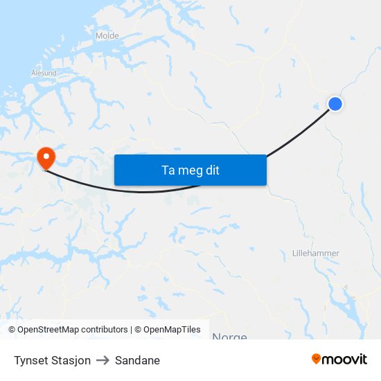 Tynset Stasjon to Sandane map