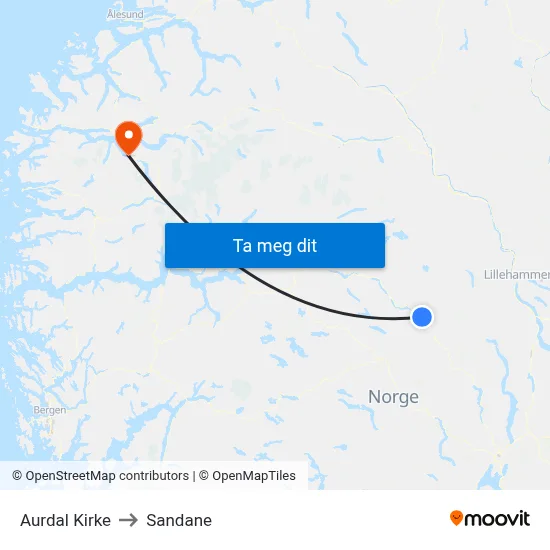 Aurdal Kirke to Sandane map