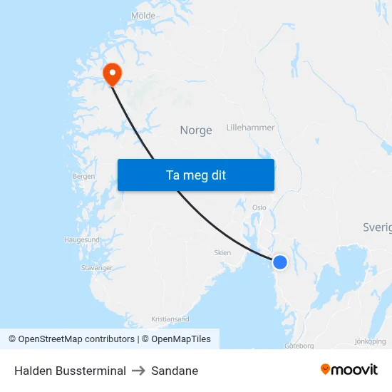 Halden Bussterminal to Sandane map