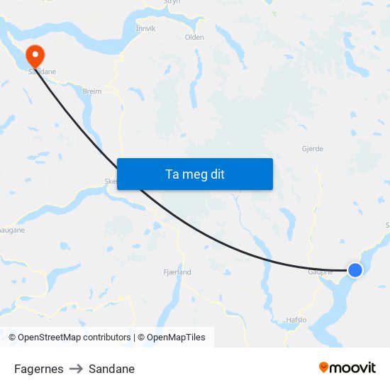 Fagernes to Sandane map