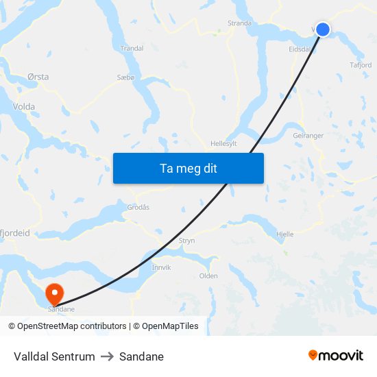 Valldal Sentrum to Sandane map