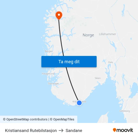 Kristiansand Rutebilstasjon to Sandane map