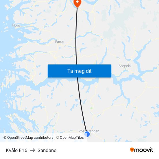 Kvåle E16 to Sandane map