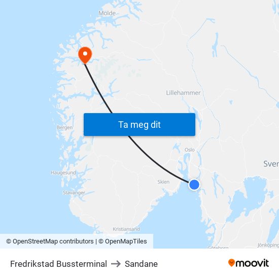 Fredrikstad Bussterminal to Sandane map