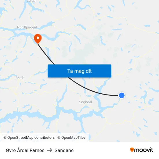 Øvre Årdal Farnes to Sandane map