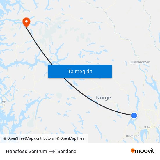 Hønefoss Sentrum to Sandane map