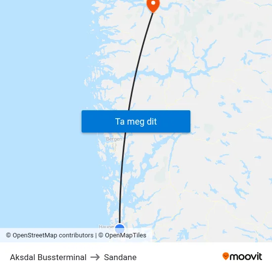 Aksdal Bussterminal to Sandane map