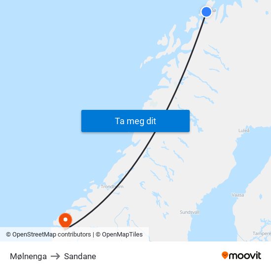 Mølnenga to Sandane map