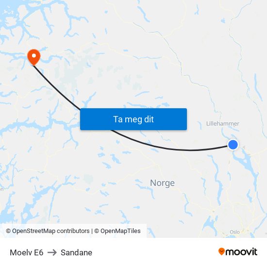 Moelv E6 to Sandane map