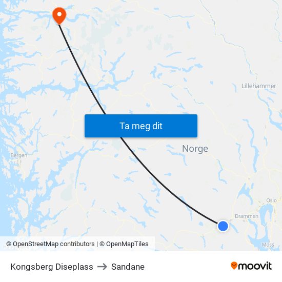 Kongsberg Diseplass to Sandane map