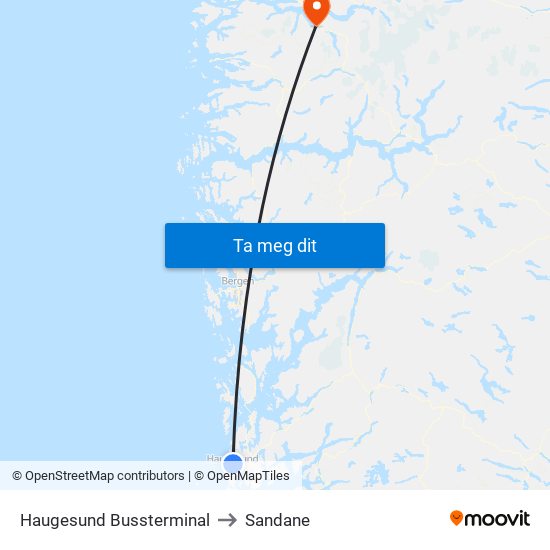 Haugesund Bussterminal to Sandane map