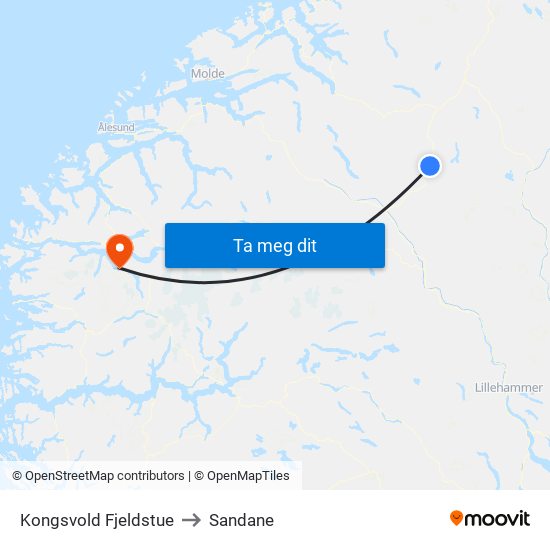 Kongsvold Fjeldstue to Sandane map