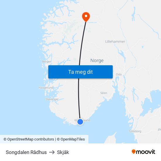 Songdalen Rådhus to Skjåk map