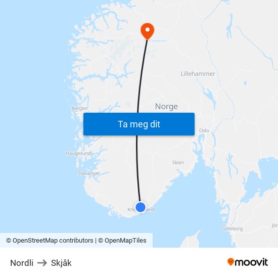 Nordli to Skjåk map