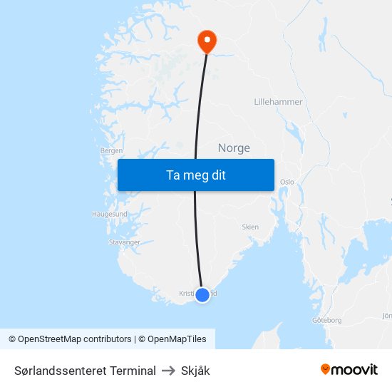 Sørlandssenteret Terminal to Skjåk map