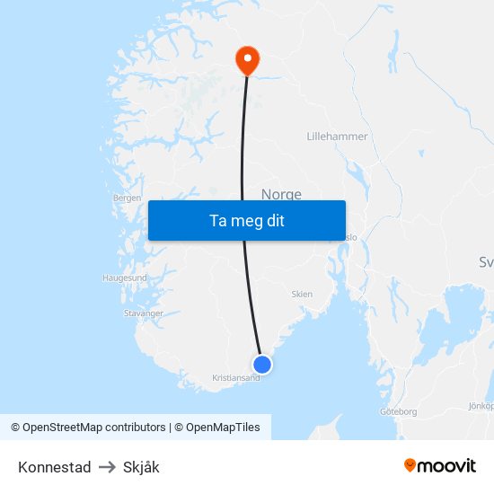 Konnestad to Skjåk map