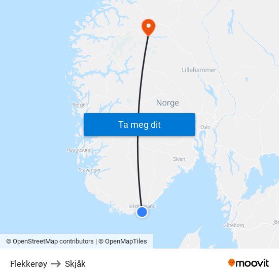 Flekkerøy to Skjåk map