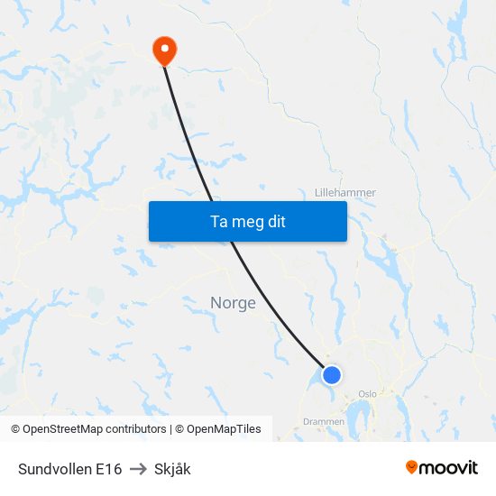 Sundvollen E16 to Skjåk map