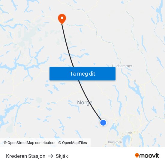 Krøderen Stasjon to Skjåk map