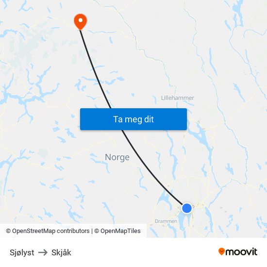 Sjølyst to Skjåk map