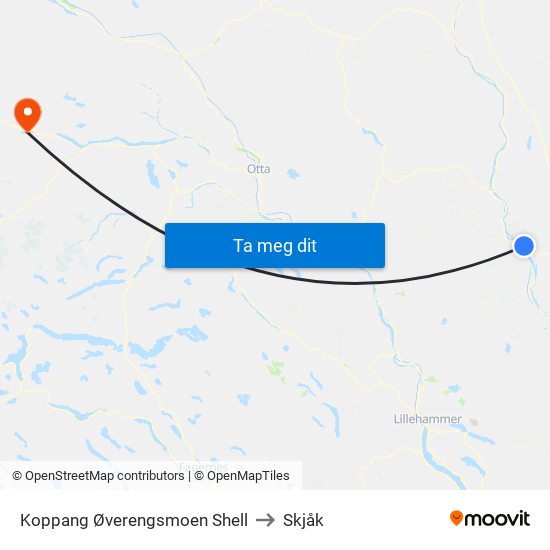 Koppang Øverengsmoen Shell to Skjåk map